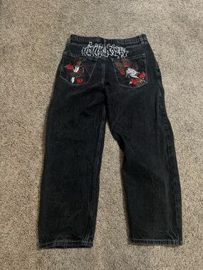 Ninth Hall Ambush Black Jeans with Red Rose Pocket Embroidery